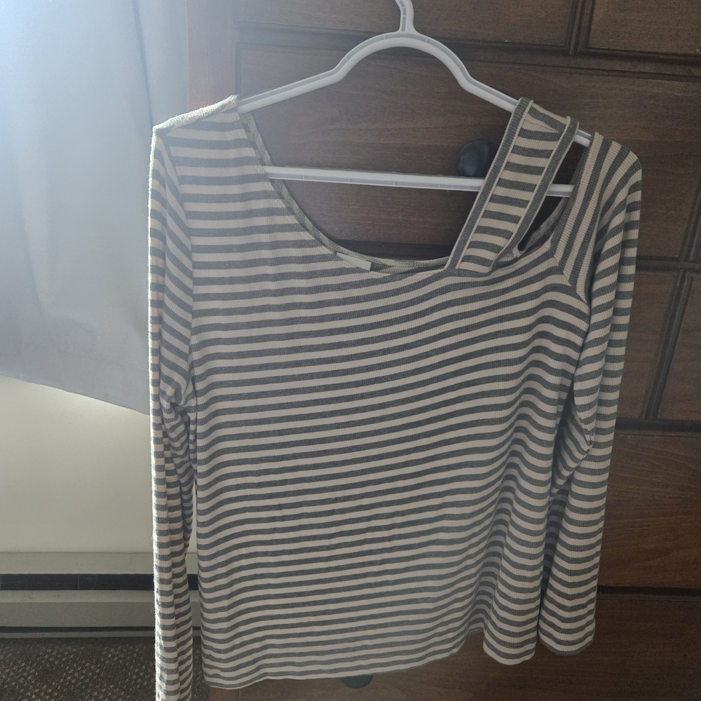 CAbi Gray and White Striped Top
